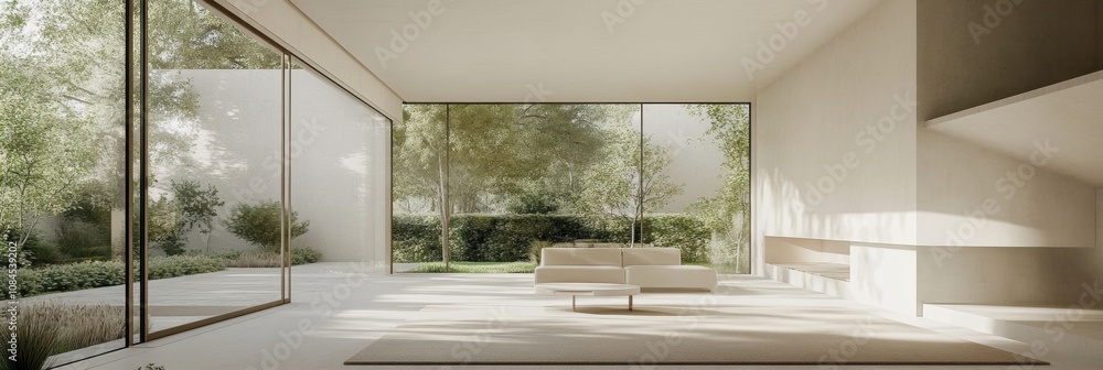 Poster a spacious living room filled with natural light, featuring large windows that provide a view of lus