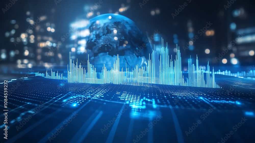 Poster A digital background featuring blue graphs and arrows, representing stock market data with the globe in front