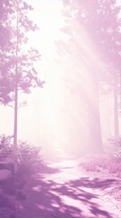 Sunlit forest path enveloped in a dreamy pink haze, AI