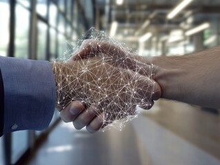 Business handshake with digital network overlay in office setting.