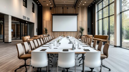 Modern conference room with long meeting table, brown chairs, large screen, and windows overlooking greenery, featuring bottles of water and notepads