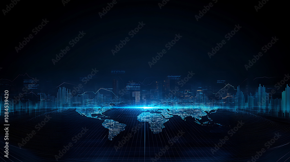 Poster A digital background featuring stock market charts and graphs with a blue color theme, symbolizing global financial data or the exchange of assets