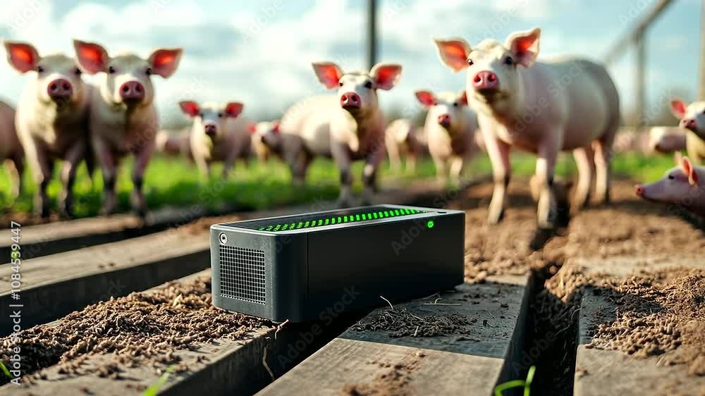 Poster smart iot sensors mounted on feed dispensers, tracking precise food distribution and consumption rat