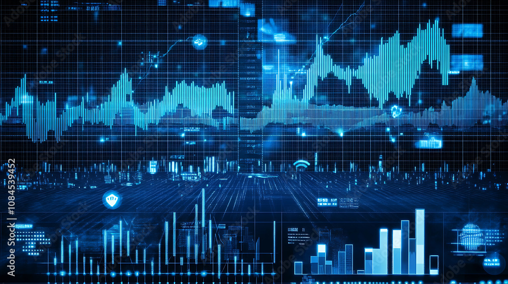 Poster A digital background featuring stock market charts and graphs with a blue color theme, symbolizing global financial data or the exchange of assets