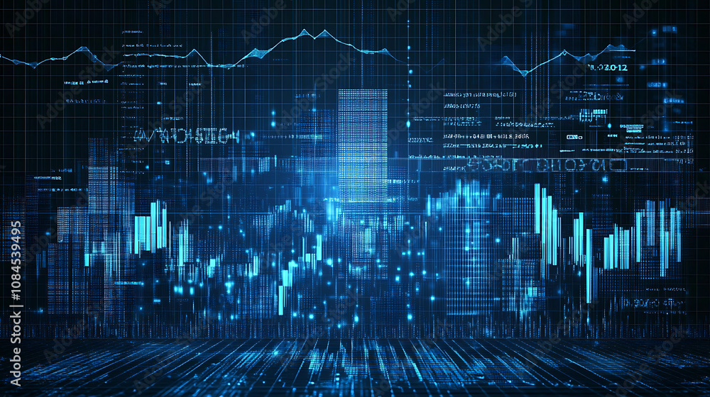 Poster a digital background featuring stock market charts and graphs with a blue color theme, symbolizing g