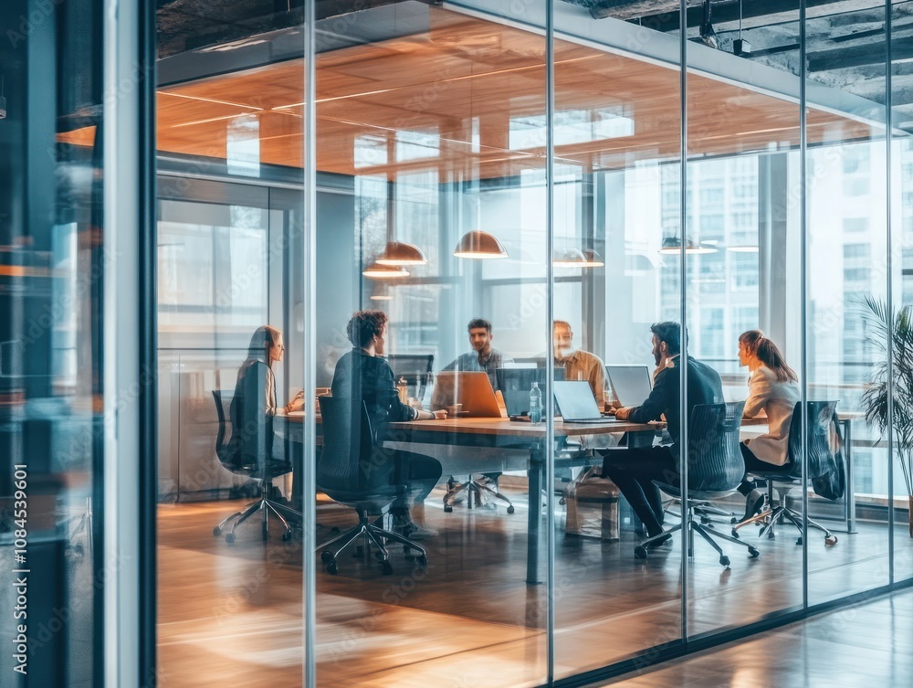 Poster business professionals collaborating in a hybrid office with transparent partitions, creating a mode
