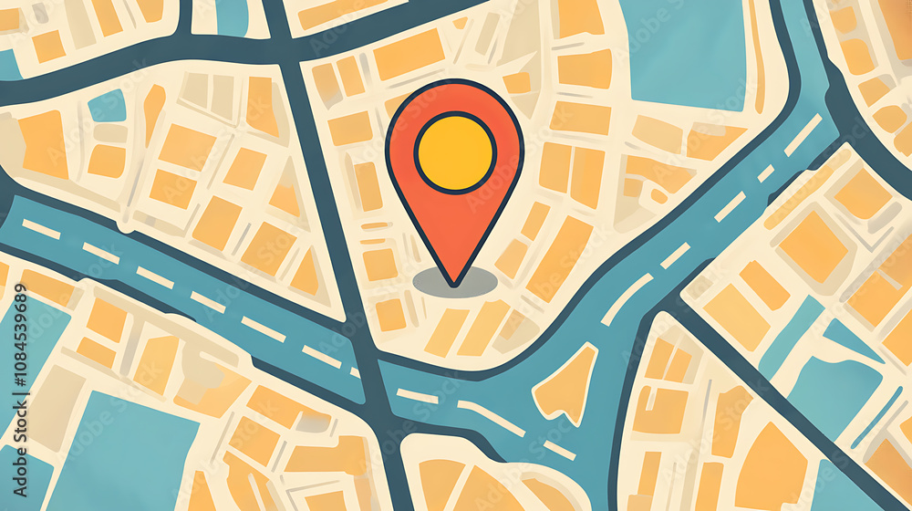 Fototapete A city map with red pins representing different location points, representing online local search