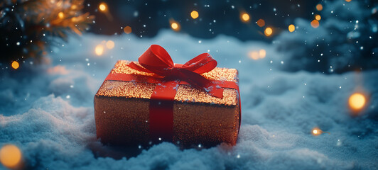 Christmas gift box on a winter snow floor with golden lights, a red bow, and a ribbon