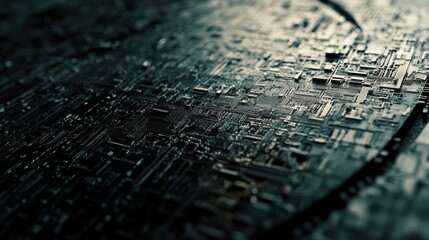 A detailed close-up of a silicon wafer under a microscope, illustrating nanotechnology in the creation of microchips and complex circuits and advanced semiconductor engineering