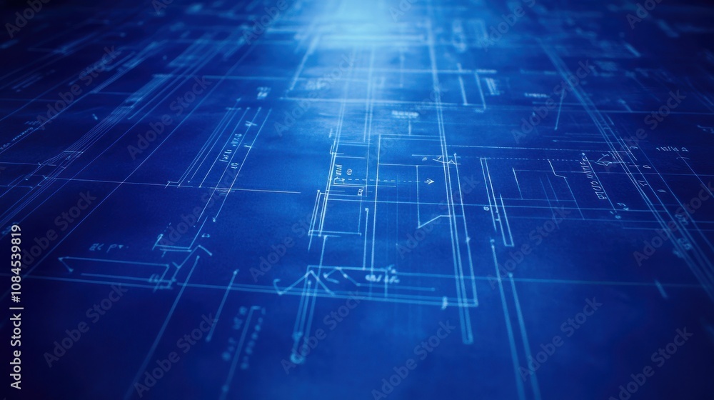 Poster blueprint design showcasing architectural plans and layouts in a blue color scheme.