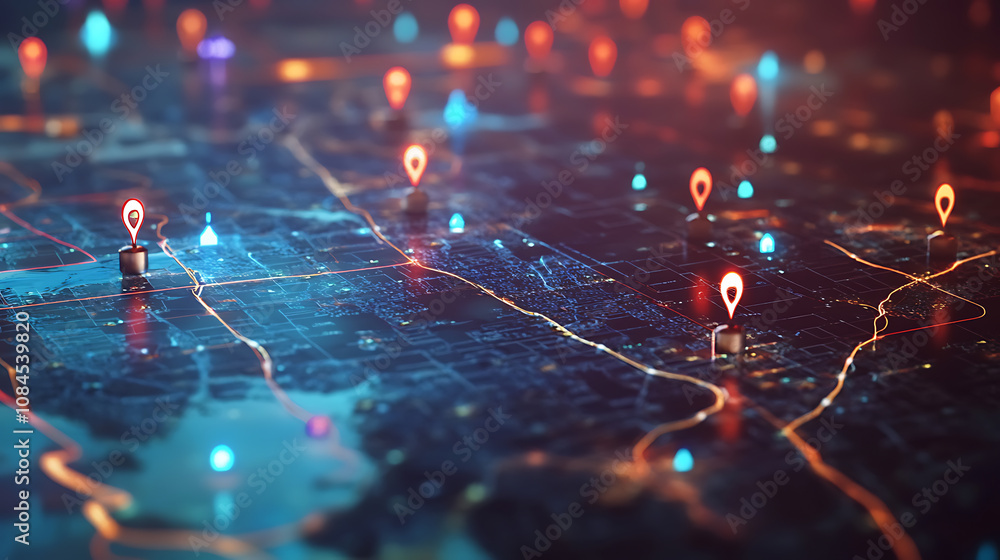 Poster A digital map with pins and markers representing different locations, illustrating the concept of location tracking in online applications or travel planning