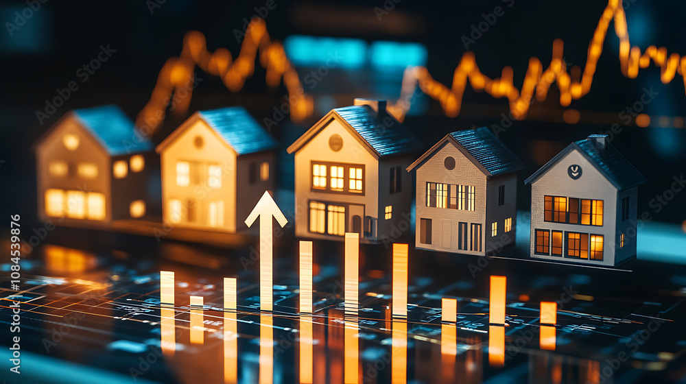 Aufkleber A graph showing the growth of real estate values, with an arrow pointing upwards and houses on bar charts in front