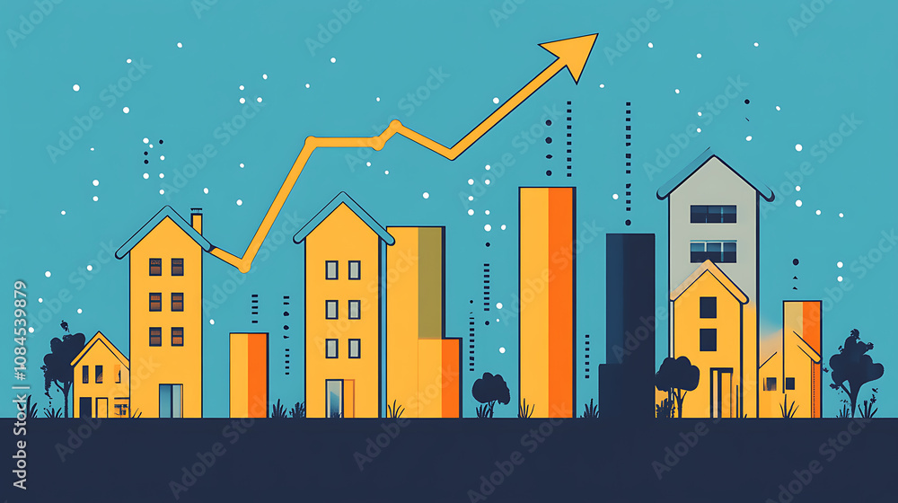 Aufkleber A graph showing the growth of real estate values, with an arrow pointing upwards and houses on bar charts in front