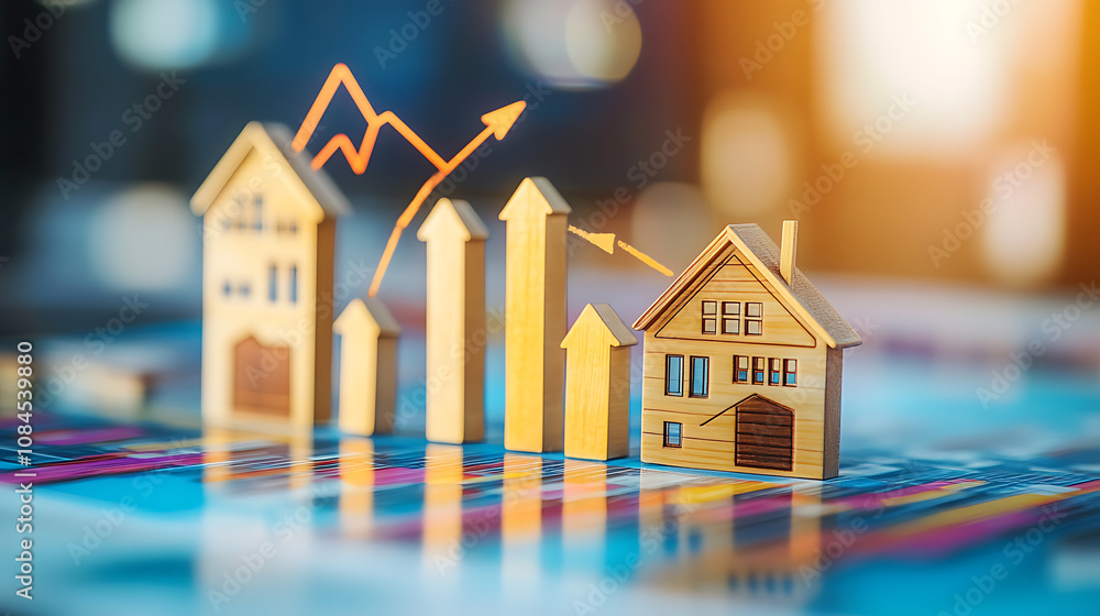 Poster a graph showing an upward trend in real estate value, with houses and arrows symbolizing growth on t