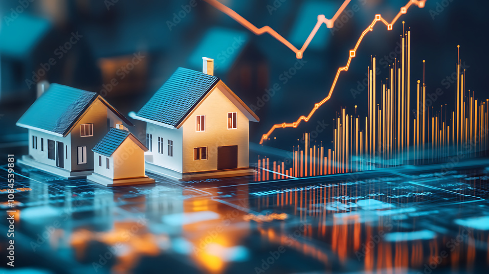 Poster a graph showing the growth of real estate values, with an arrow pointing upwards and houses on bar c