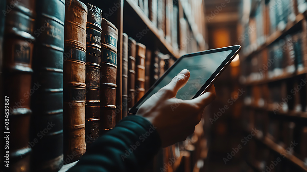 Poster a hand meticulously places a tablet pc among the shelves in the library, symbolizing the integration