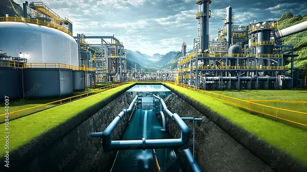 Poster the inside of a carbon capture plant, showing a cross-section of the machinery converting emissions 