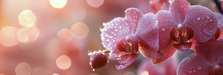 Beautiful pink orchids with dew drops illuminated by soft sunlight in a tranquil setting