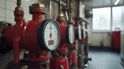 Close-up of red industrial pressure gauges on pipes in a facility.
