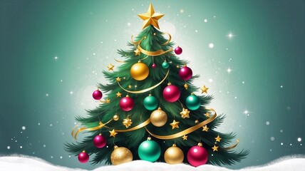 Obraz premium The most enchanting Christmas tree, in the colours of 2025 - vibrant green, luxurious gold and rich wine-burgundy. The tree exudes warmth and festive charm, decorated with ornaments.