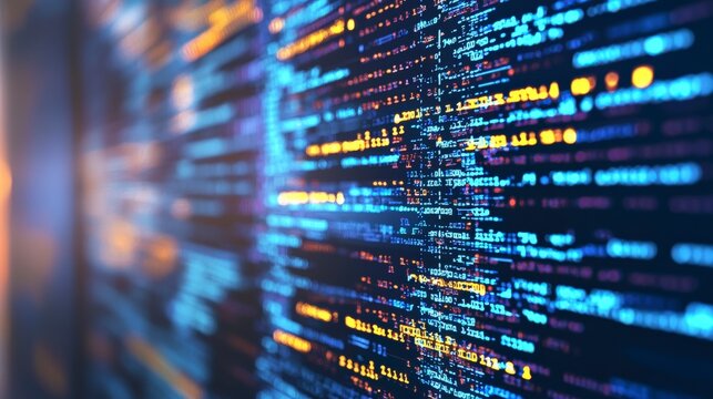 An abstract view that showcases vibrant, multicolor lines of code on a screen in close-up, representing complexity and innovation in the digital world.
