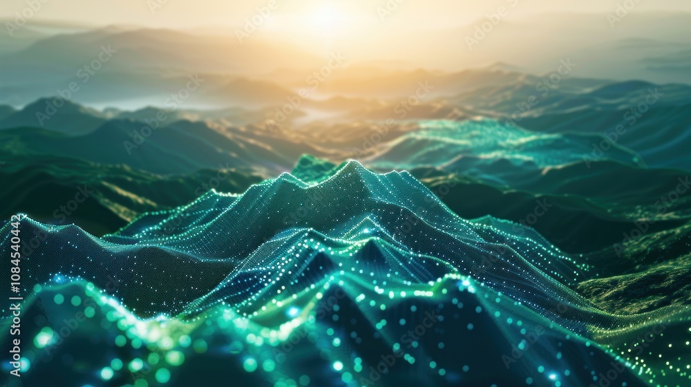 Poster a digital abstract rendering of a mountain range with a sunrise in the background.