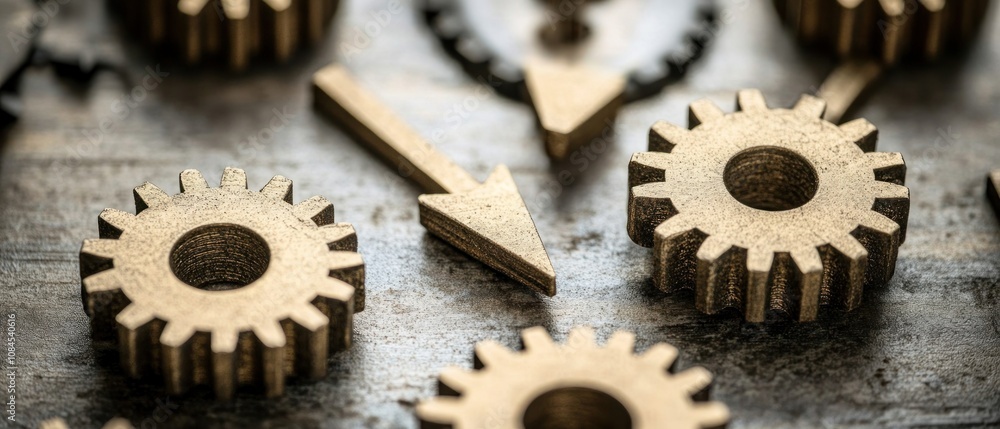 Poster close-up of metallic gears and an arrow on a textured surface, symbolizing mechanics and design.