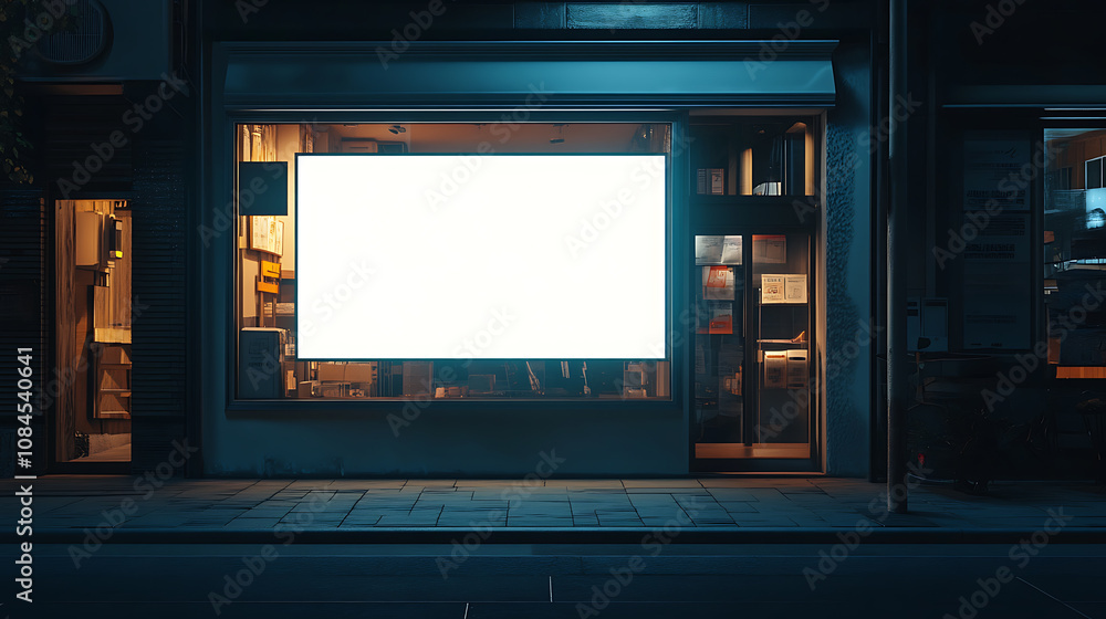 Poster a shop window displays a large blank banner by night, set for a 3d render mockup