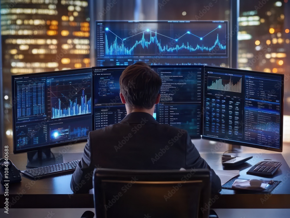 Poster businessman working with modern computer virtual dashboard analyzing finance sales data and economic