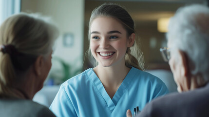 Obraz premium Junge Pflegekraft spricht mit Senioren