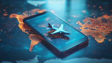 A smartphone with an airplane icon on the screen, placed over a world map mobile device displaying flight information or an easy management platform for air travel