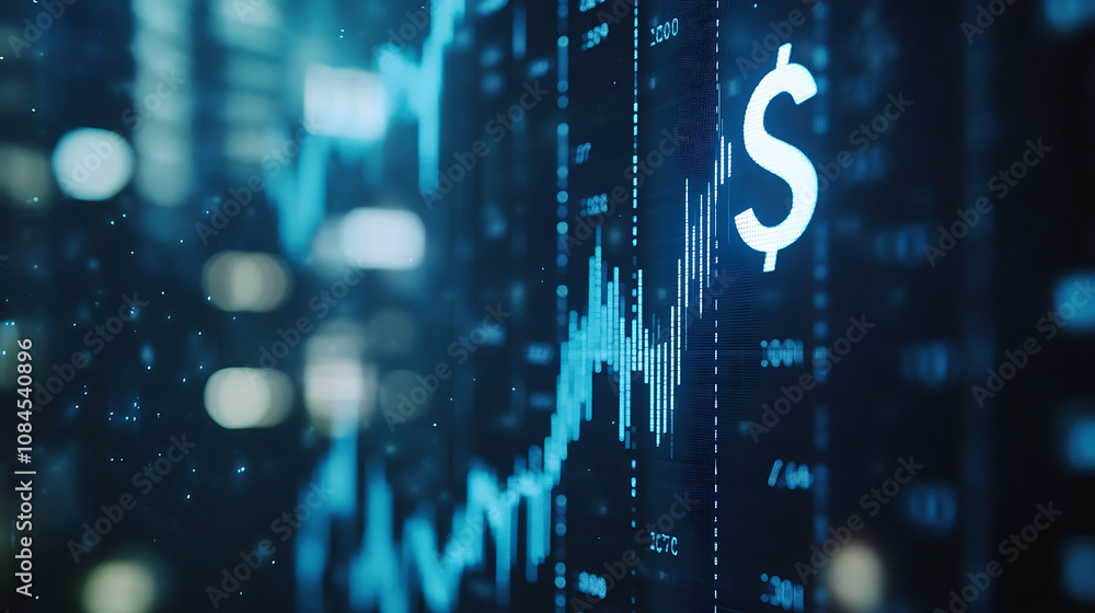 Poster a stock market background with blue color, featuring trading charts and dollar sign in white color o