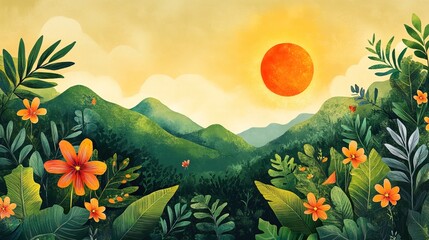 A vibrant illustration promoting environmental appreciation with diverse landscapes, plants, and a bright sun