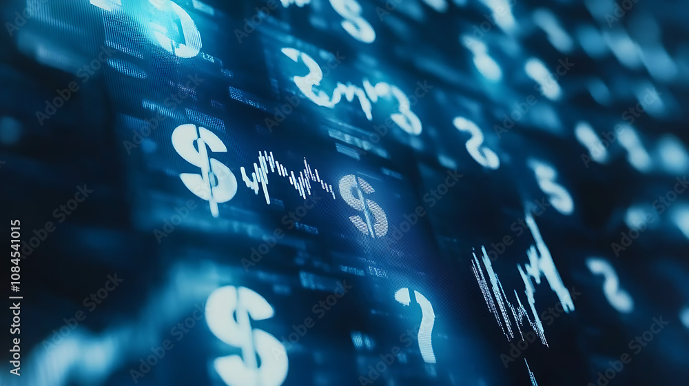 Aufkleber A stock market background with dollar signs and financial charts in a blue color scheme, with white numbers of a candlestick chart in the foreground