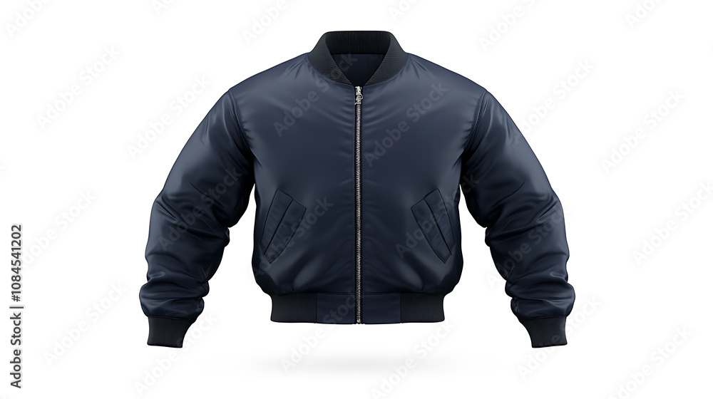 Aufkleber a blank bomber jacket in navy blue, displayed in a front view on a white background for mockup desig