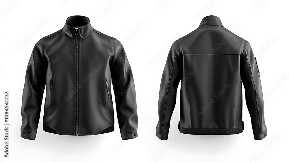 Poster a blank jacket in black, shown from both front and back, set against a white background