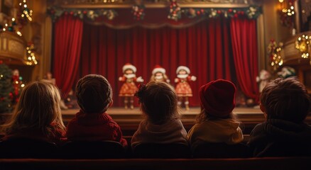 Children watching a Christmas puppet show on stage in a festive theater during the holiday season