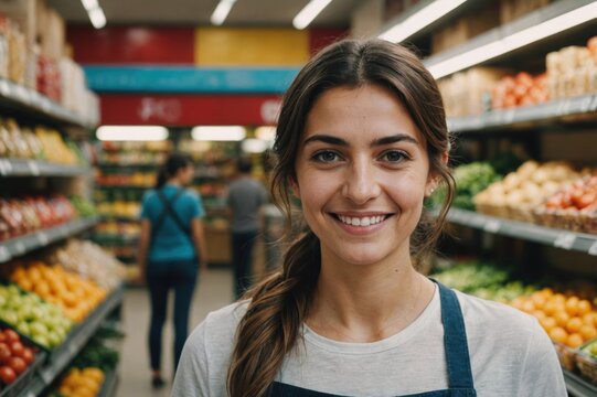 Close portrait of a smiling young Turkish female grocer standing and looking at the camera, Turkish grocery store blurred background