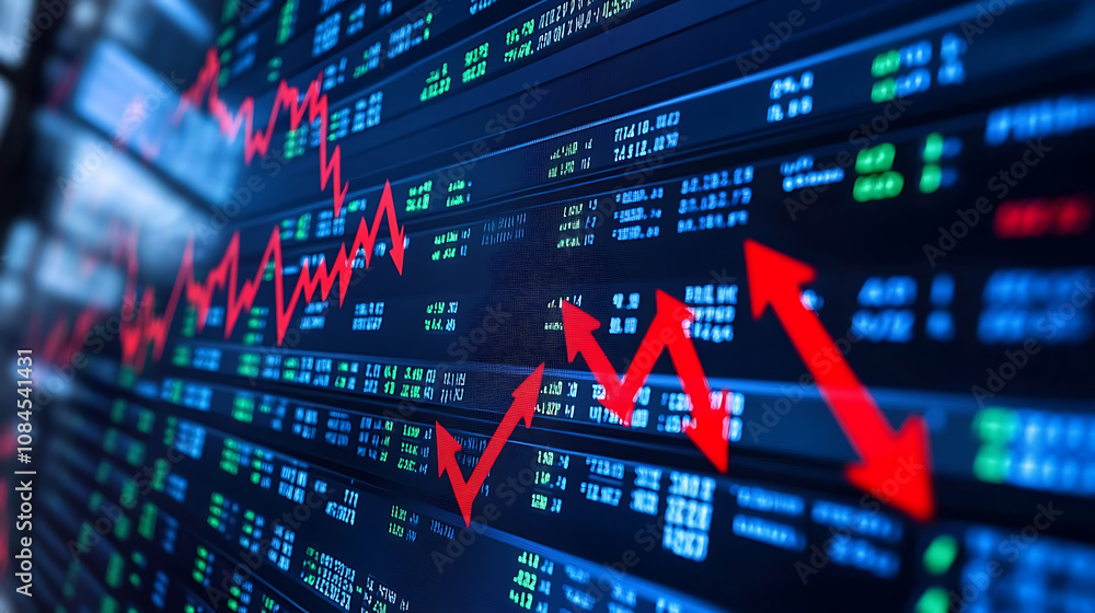 Poster a stock market graph with arrows pointing upwards, representing an upward trend in the global econom