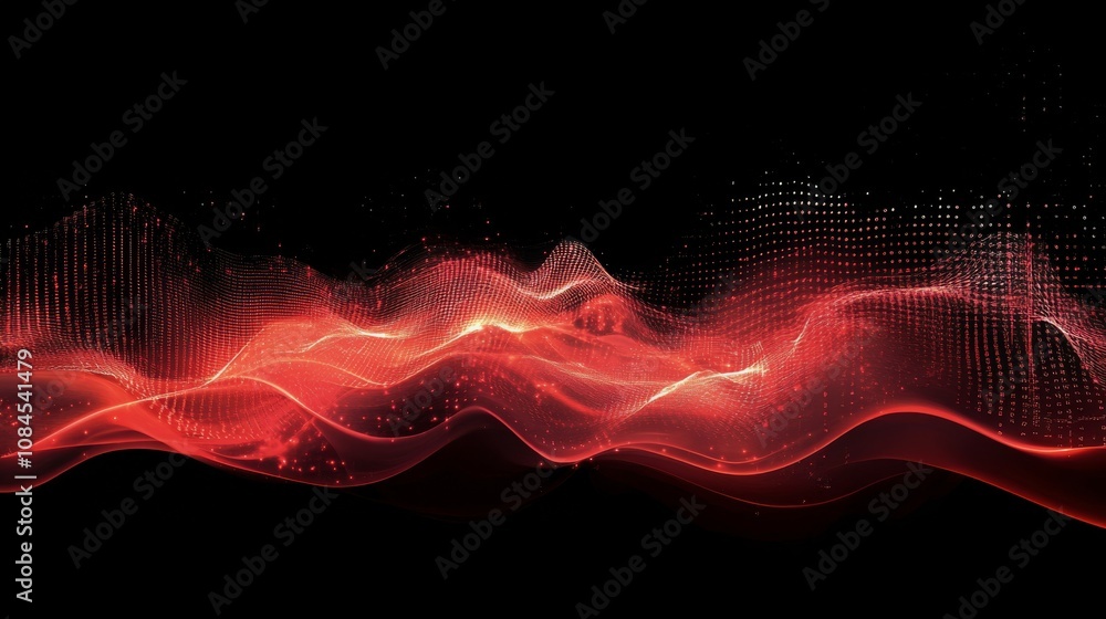 Poster abstract red wave patterns formed by particles in a digital landscape with a dark background