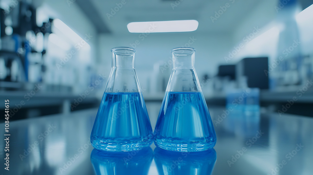 Poster a closeup of glass beakers filled with clear blue liquid, set on an open laboratory table in front o