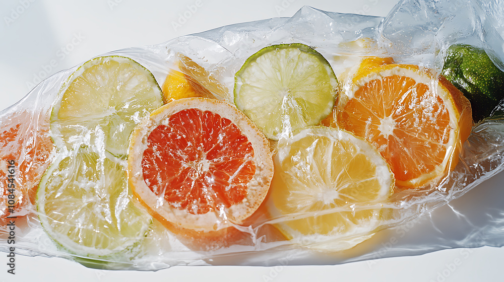 Poster A close observation reveals various fruit slices submerged in a saline solution contained within a bag, all set against a pristine white background