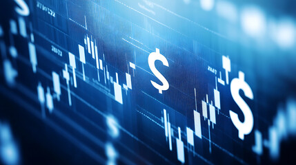 A stock market background with dollar signs and financial charts in a blue color scheme, with white numbers of a candlestick chart in the foreground