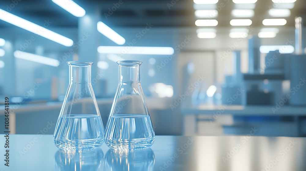 Poster a closeup of glass beakers filled with clear blue liquid, set on an open laboratory table in front o