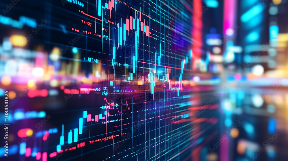 Poster a stock market graph with blue arrows pointing upwards, symbolizing an up trending stock and global 