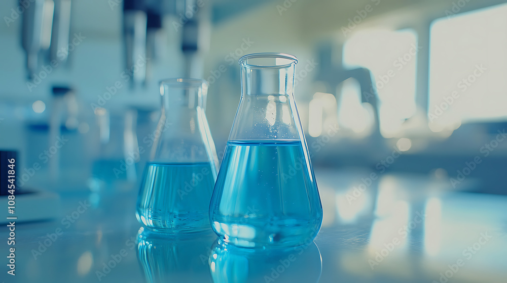 Poster a closeup of glass beakers filled with clear blue liquid, set on an open laboratory table in front o