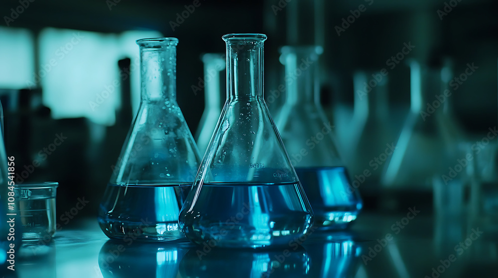 Poster a closeup of laboratory equipment such as beakers and flasks filled with clear blue liquid, set agai