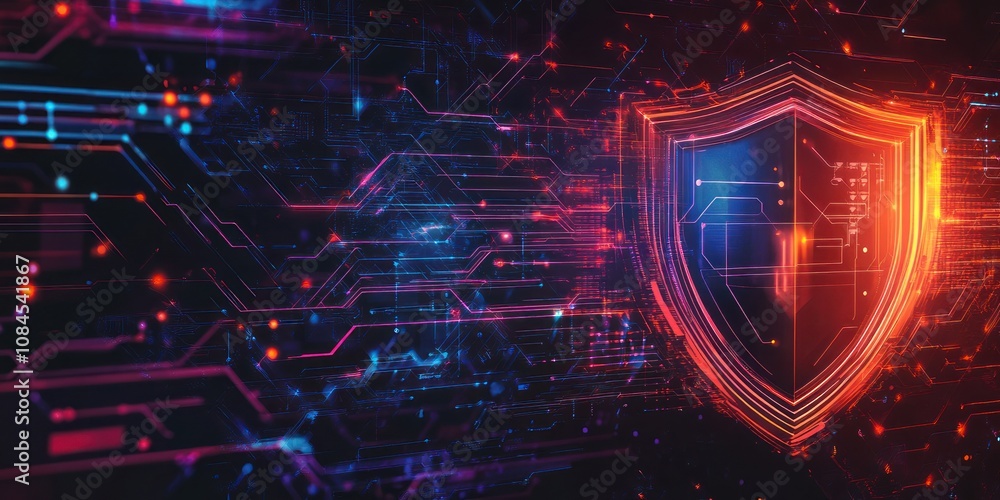 Poster a digital shield symbolizing cybersecurity amidst vibrant technological patterns.