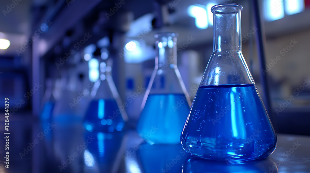Poster a closeup of laboratory equipment such as beakers and flasks filled with clear blue liquid, set agai