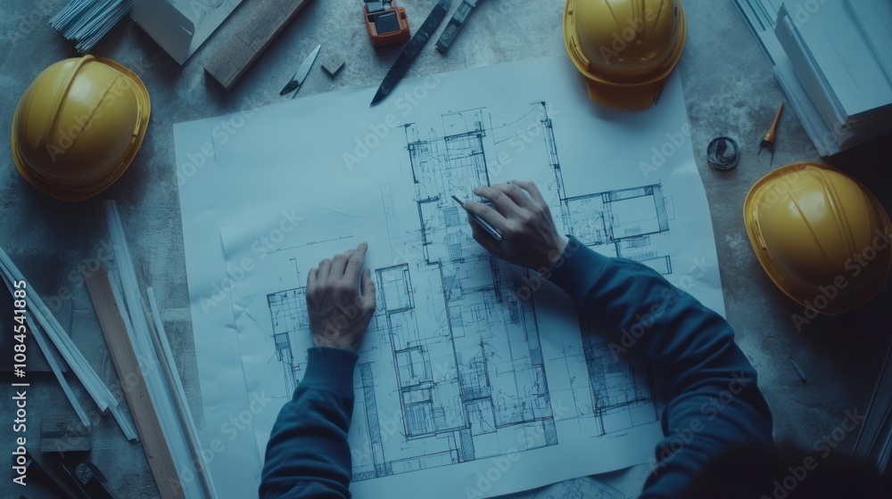 Poster a person reviewing architectural blueprints on a workspace with construction tools and helmets.